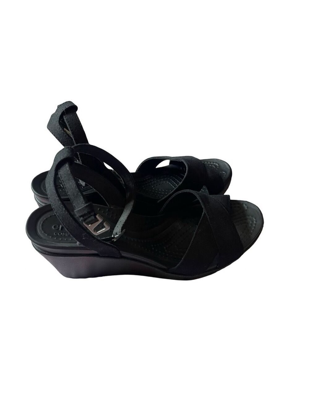 Crocs Womens Black Leigh II Cross Strap Strappy Ankle Wedge Sandals Size 9 - Picture 2 of 10